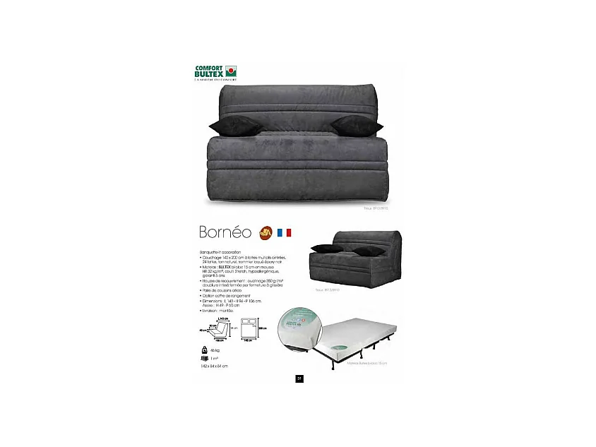 Banquette BZ microfibre 140x200 avec rangement Matelas Bultex 15cm Barnes-Couleur Gris foncé