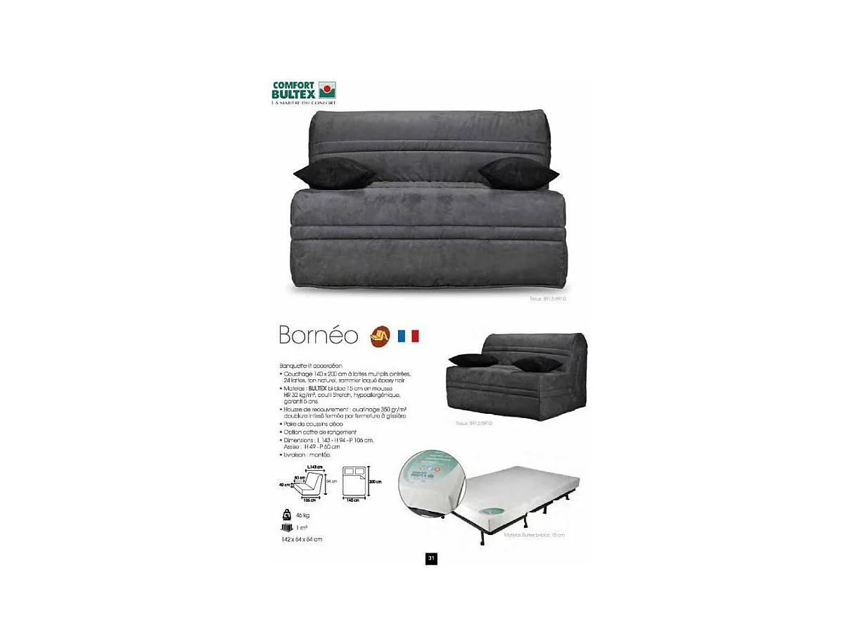 Banquette BZ microfibre 140x200 avec rangement Matelas Bultex 15cm Barnes-Couleur Gris foncé