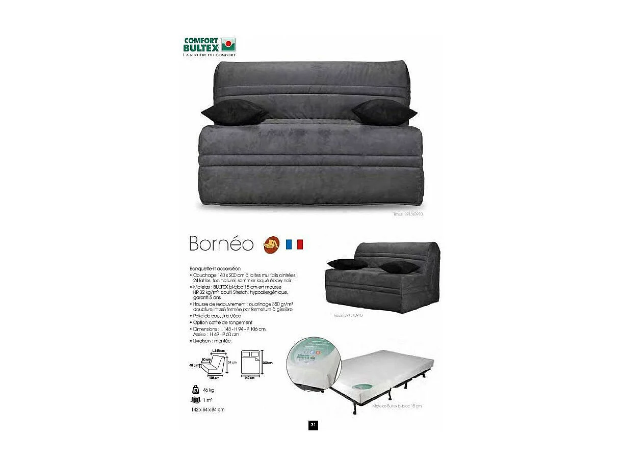 Banquette BZ microfibre 140x200 avec rangement Matelas Bultex 15cm Barnes-Couleur Beige clair
