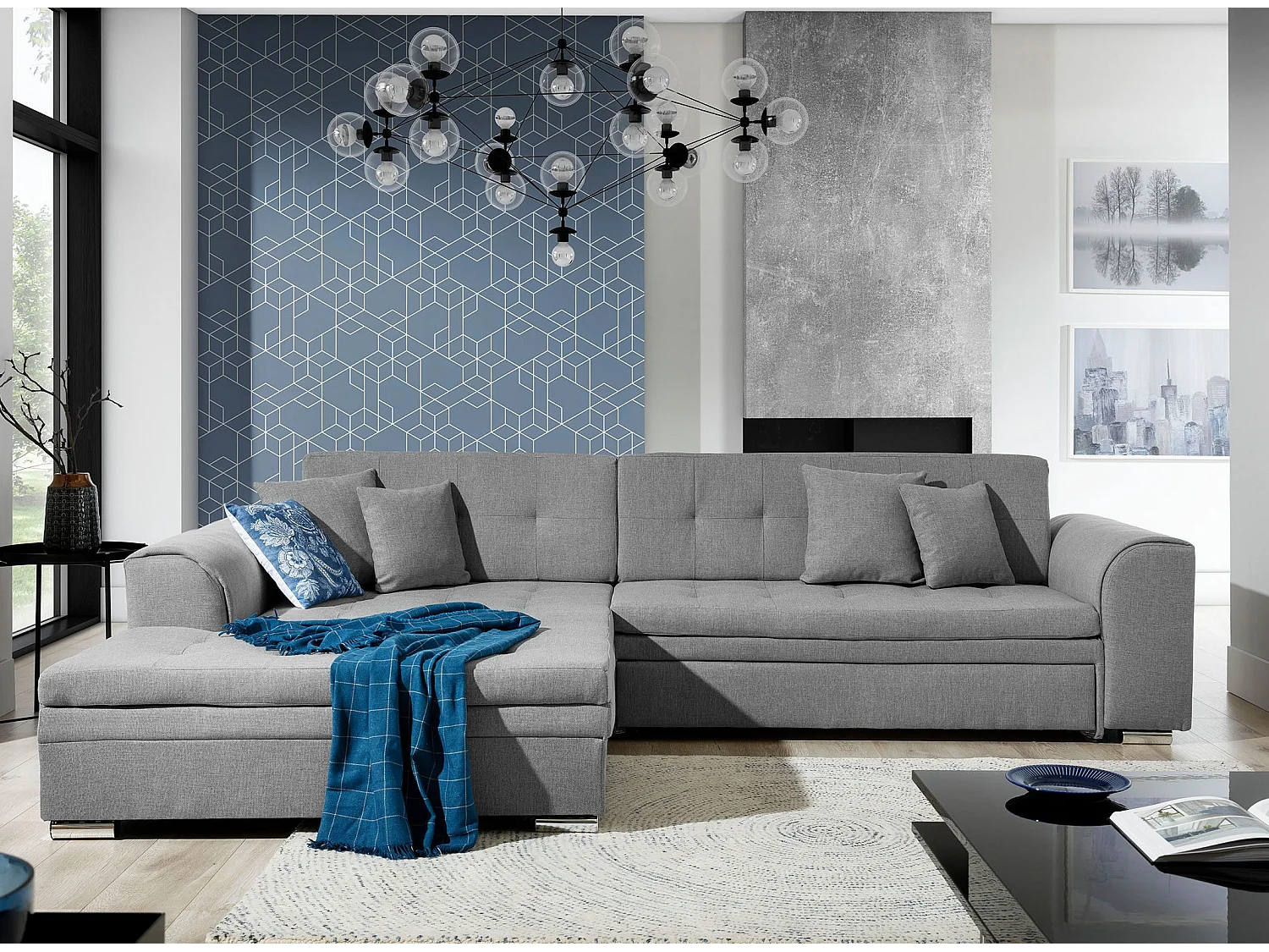 Canapé d'angle gauche convertible 4 places tissu gris Looka 295cm