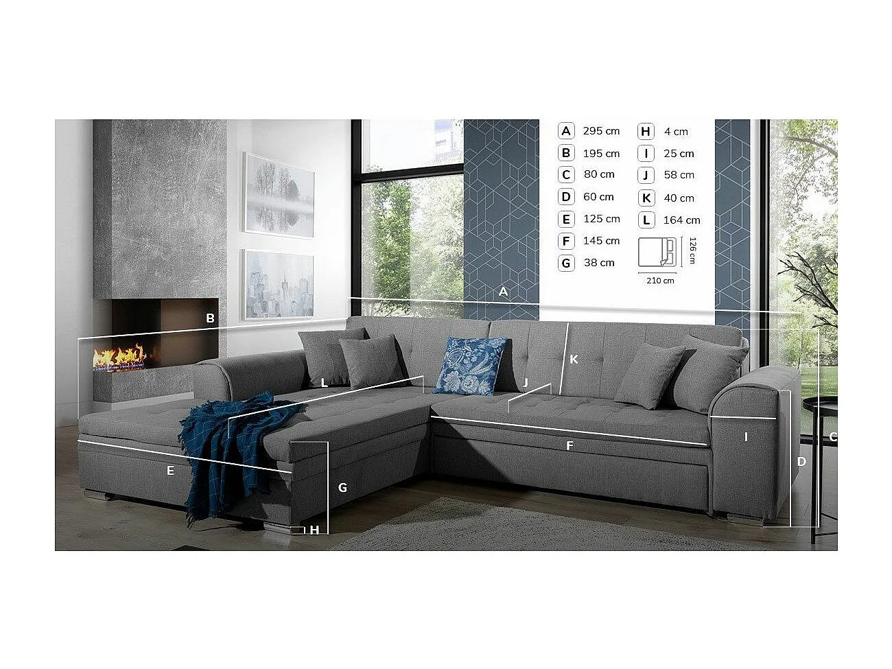 Canapé d'angle gauche convertible 4 places tissu gris Looka 295cm