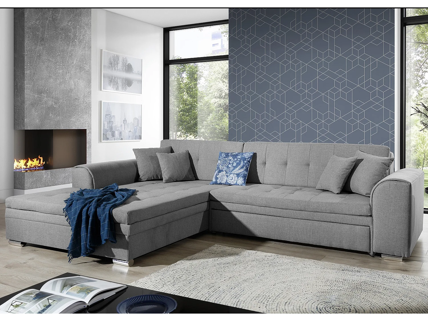 Canapé d'angle gauche convertible 4 places tissu gris Looka 295cm