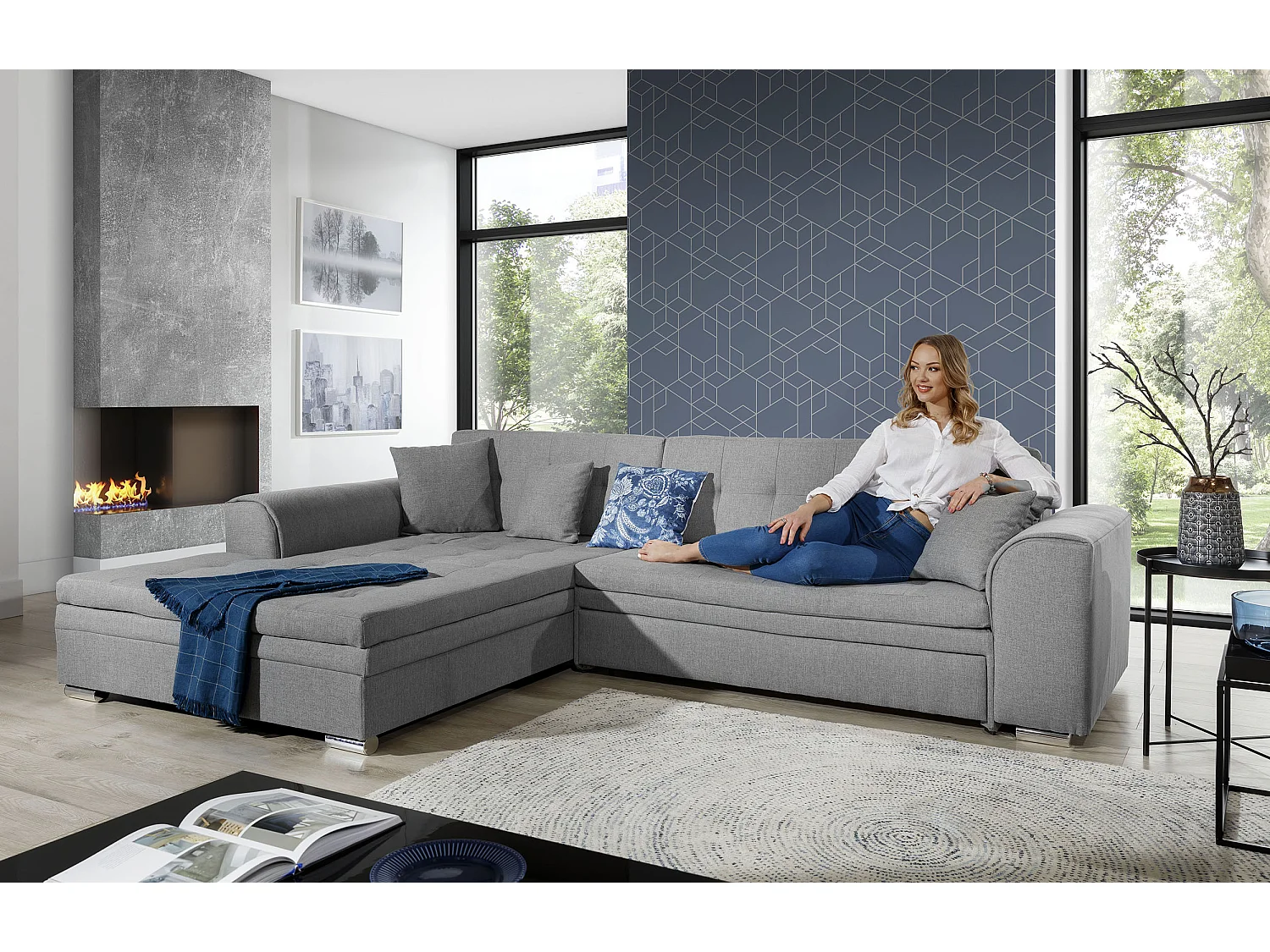 Canapé d'angle gauche convertible 4 places tissu gris Looka 295cm