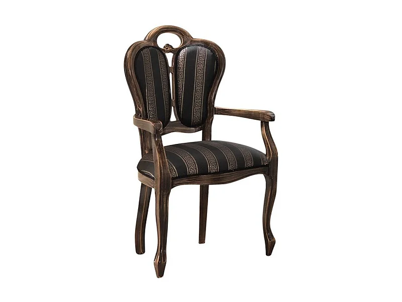 Fauteuil bois massif marron et assise tissu noir avec motifs dorés Kerla