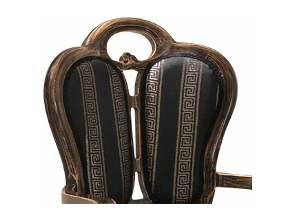 Fauteuil bois massif marron et assise tissu noir avec motifs dorés Kerla