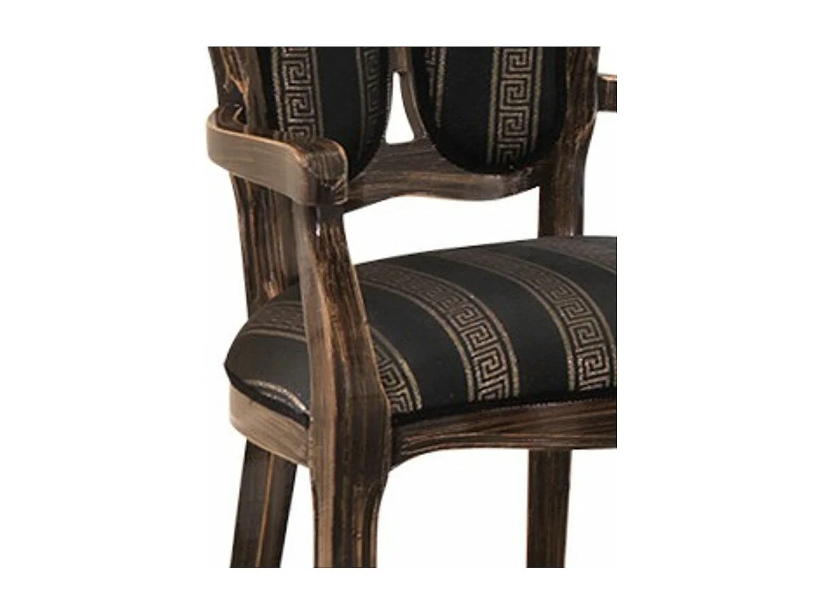 Fauteuil bois massif marron et assise tissu noir avec motifs dorés Kerla