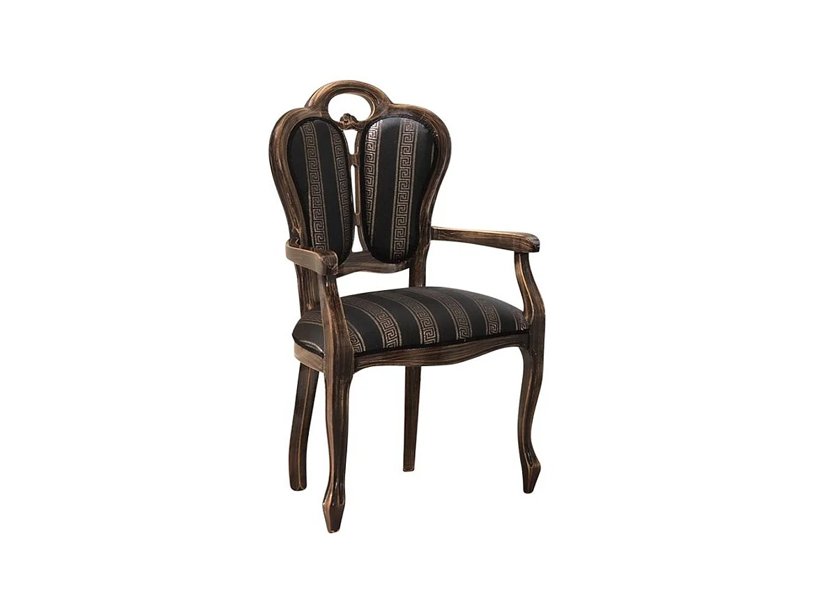 Fauteuil bois massif marron et assise tissu noir avec motifs dorés Kerla