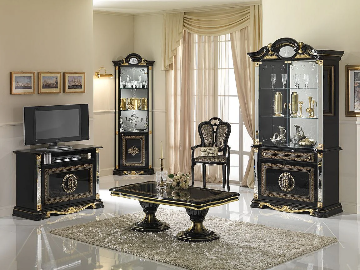 Fauteuil bois massif marron et assise tissu noir avec motifs dorés Kerla