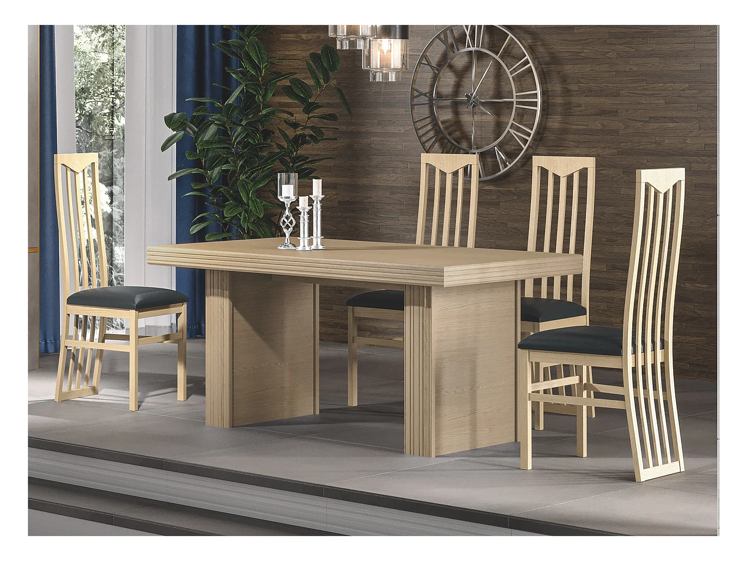 Chaise moderne chêne clair et assise simili cuir noir Italino