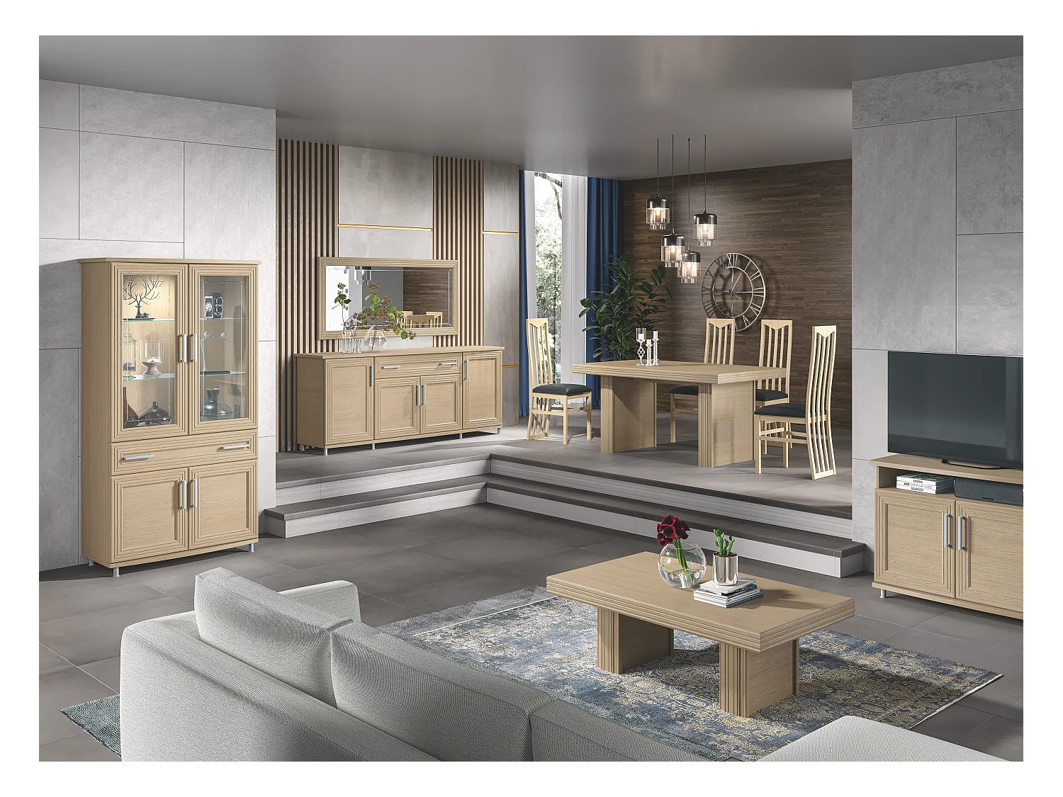 Chaise moderne chêne clair et assise simili cuir noir Italino