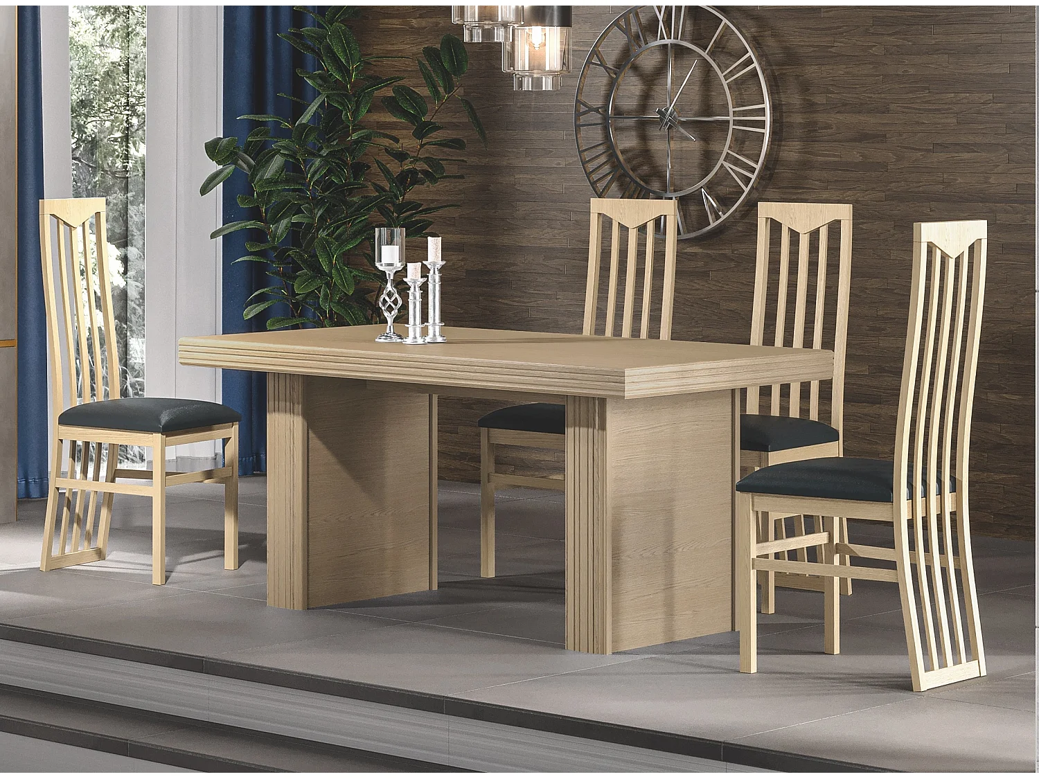 Chaise moderne chêne clair et assise simili cuir noir Italino