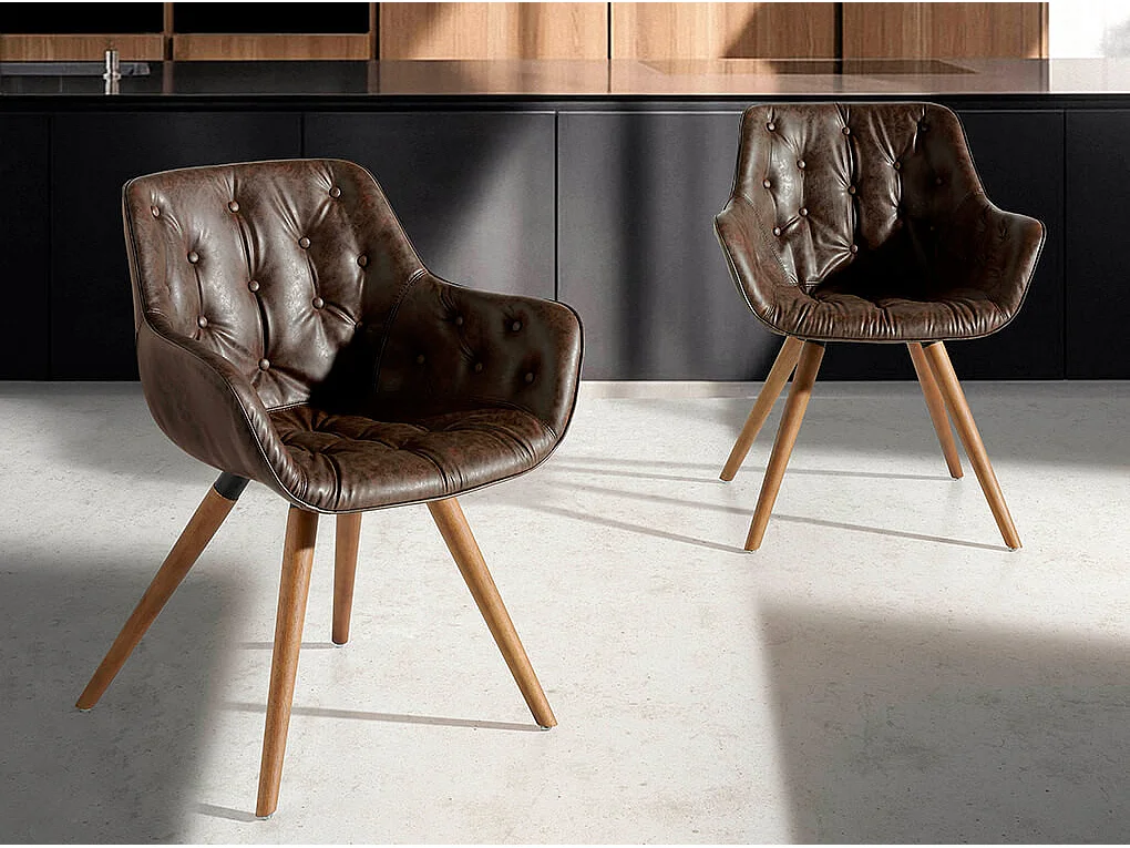 Chaise design bois massif de frêne et simili cuir capitonné Kida - Lot de 2-Couleur Aqua 23 Chocolat