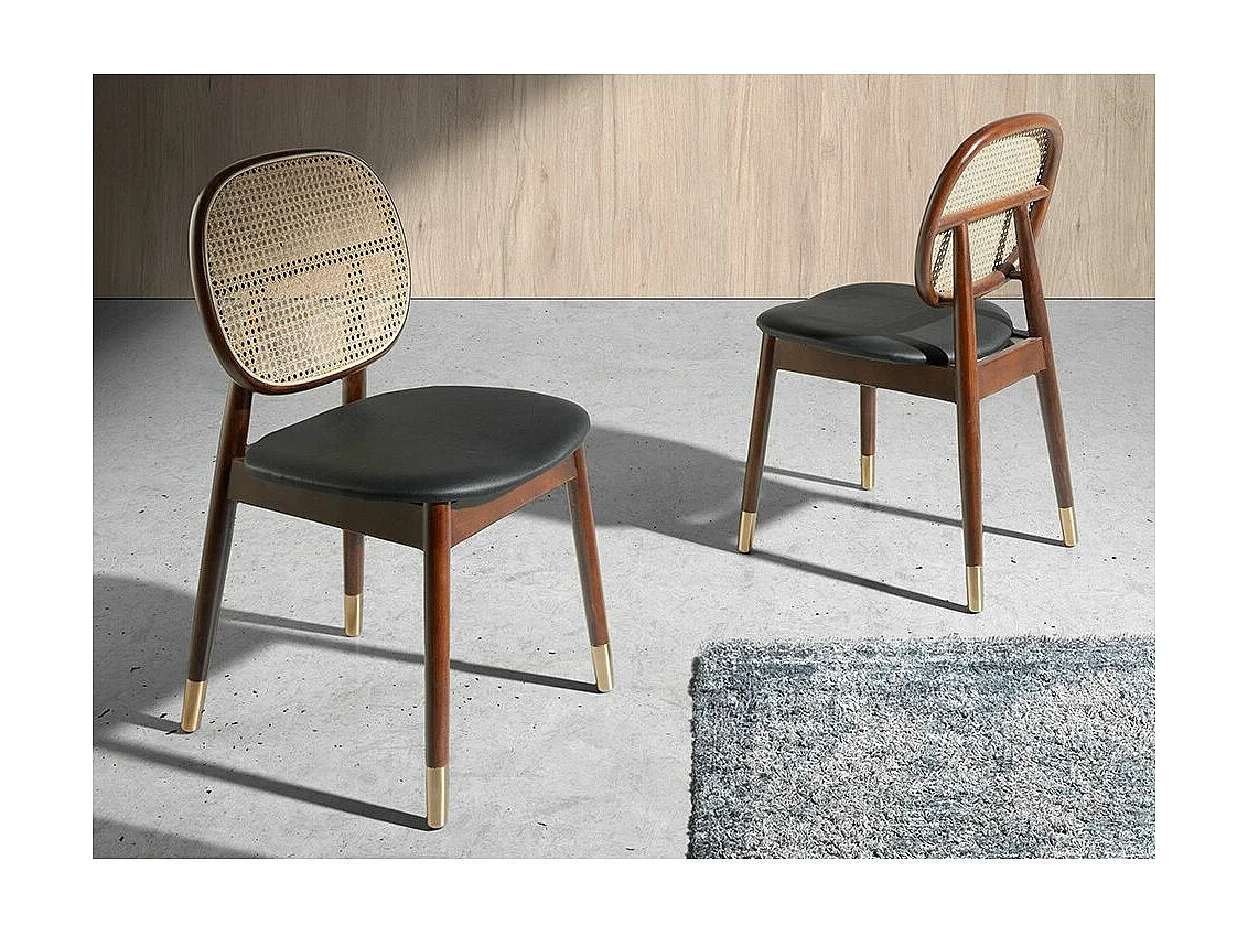 Chaise rotin simili cuir noir et bois de frêne Lola - Lot de 2-Couleur Aqua 90 Noir
