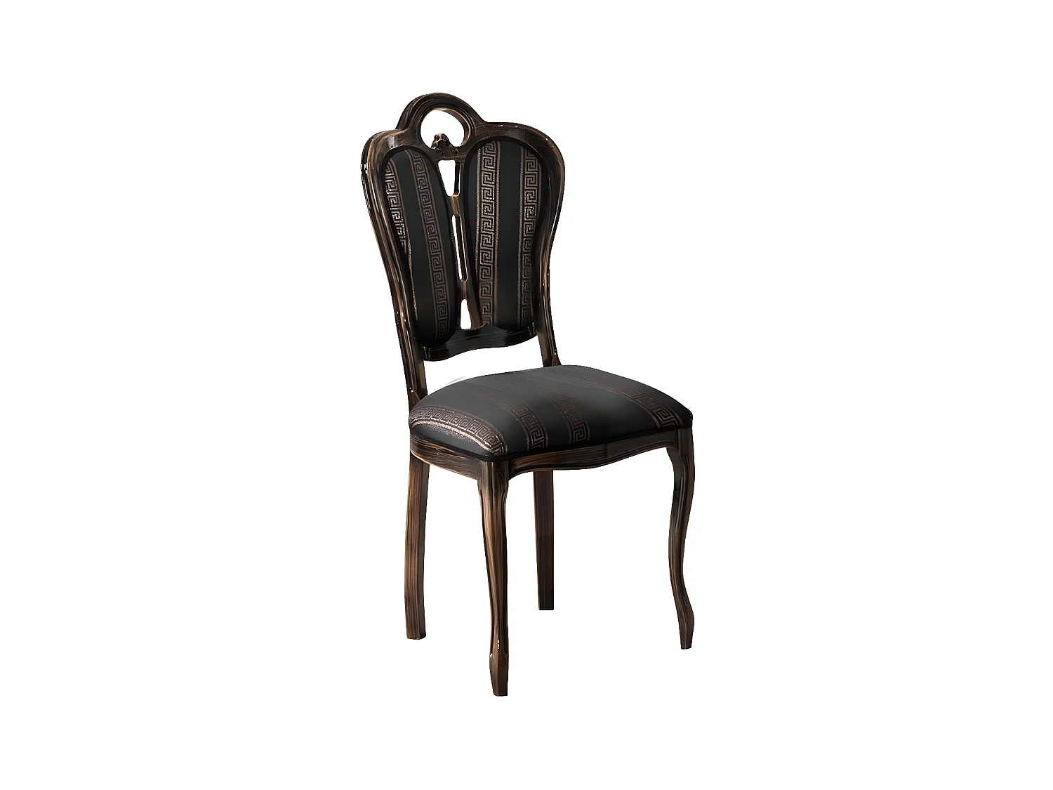 Chaise bois massif marron et assise tissu noir avec motifs dorés Kerla
