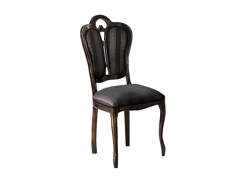 Chaise bois massif marron et assise tissu noir avec motifs dorés Kerla