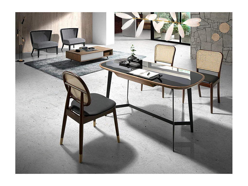 Chaise rotin simili cuir noir et bois de frêne Lola - Lot de 2-Couleur Aqua 71 Gris clair