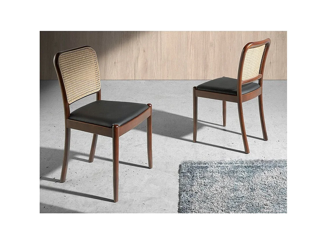 Chaise rotin simili cuir noir et bois de frêne Emile - Lot de 2-Couleur Aqua 11 Camel