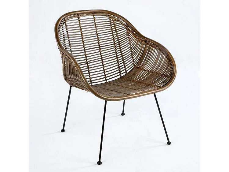 Chaise avec accoudoirs osier marron et pieds métal noir Gael