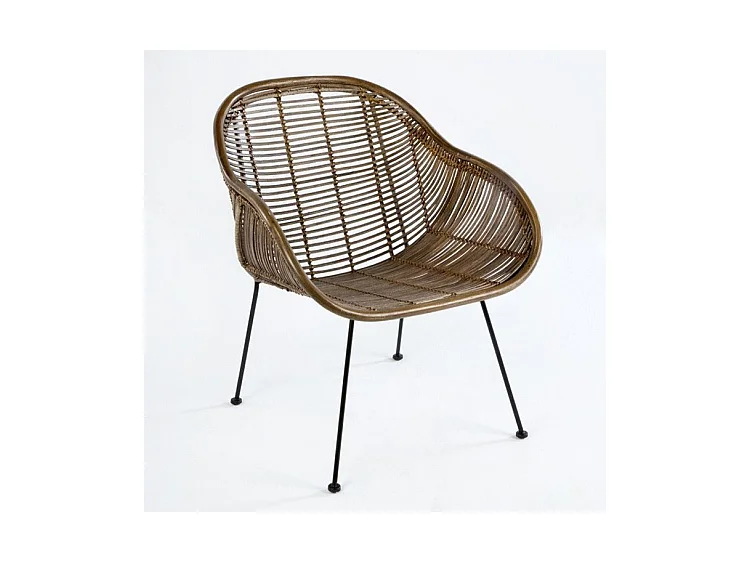 Chaise avec accoudoirs osier marron et pieds métal noir Gael