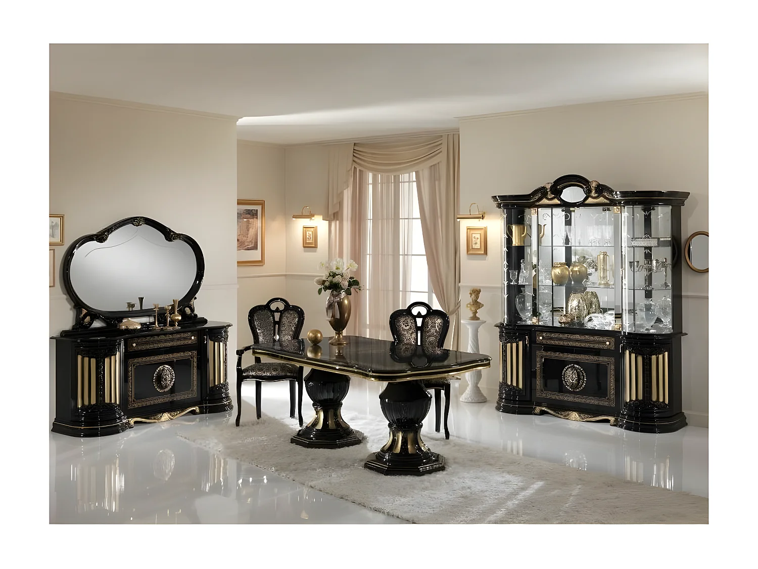 Fauteuil bois vernis laqué brillant et assise tissu noir avec motifs dorés Kerla