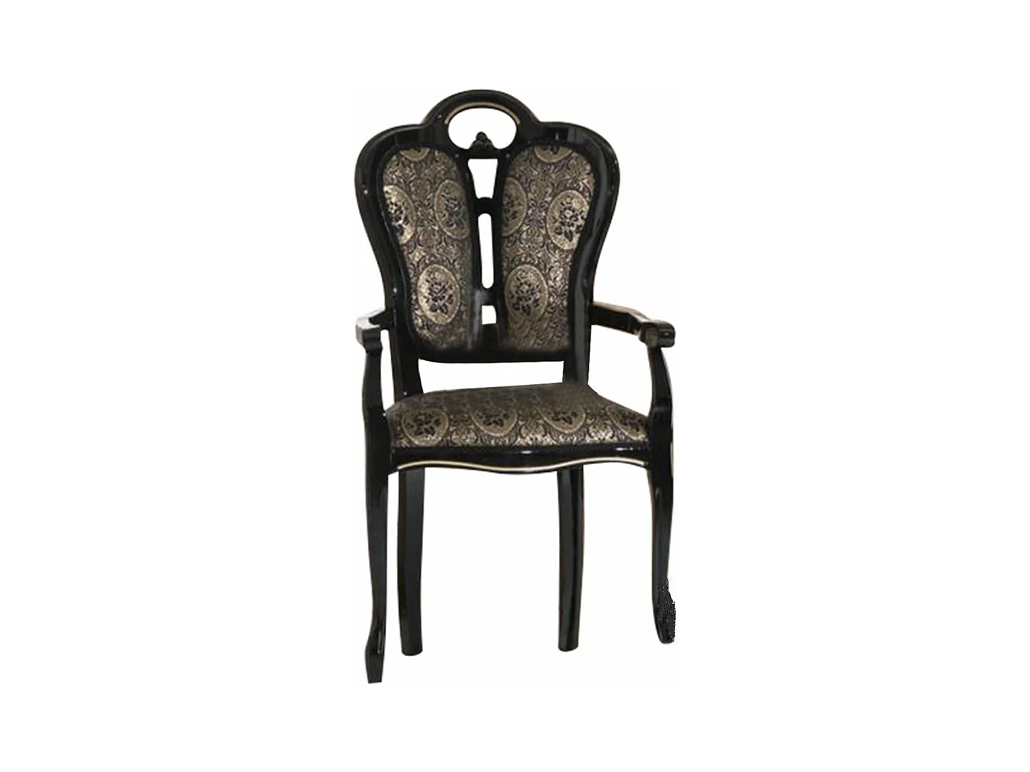 Fauteuil bois vernis laqué brillant et assise tissu noir avec motifs dorés Kerla