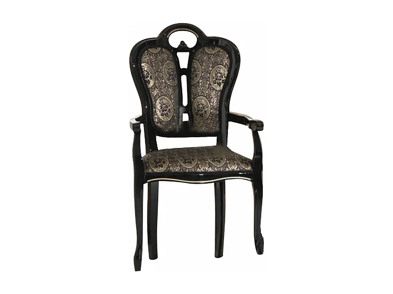 Fauteuil bois vernis laqué brillant et assise tissu noir avec motifs dorés Kerla