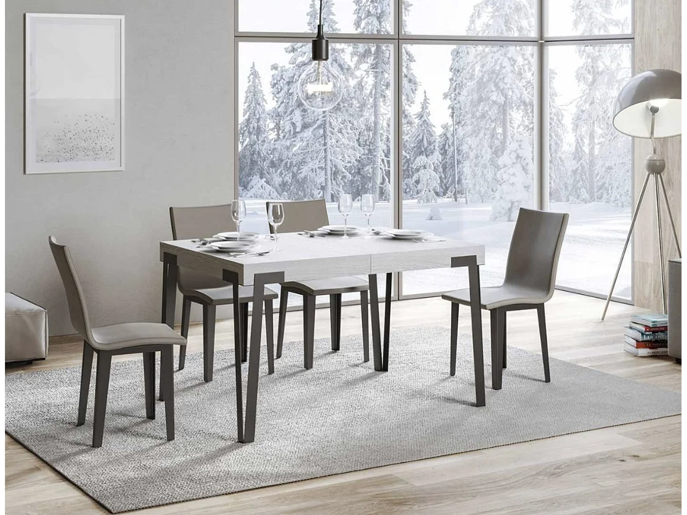 Table rectangulaire 130cm blanc et pieds métal anthracite Konta