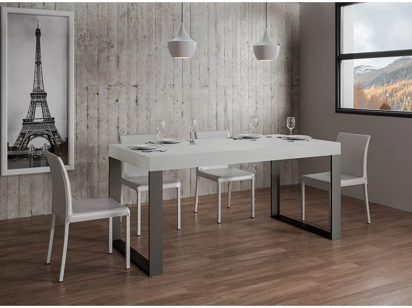 Witte industriële tafel en antraciet metalen poten Tiroz 160 cm