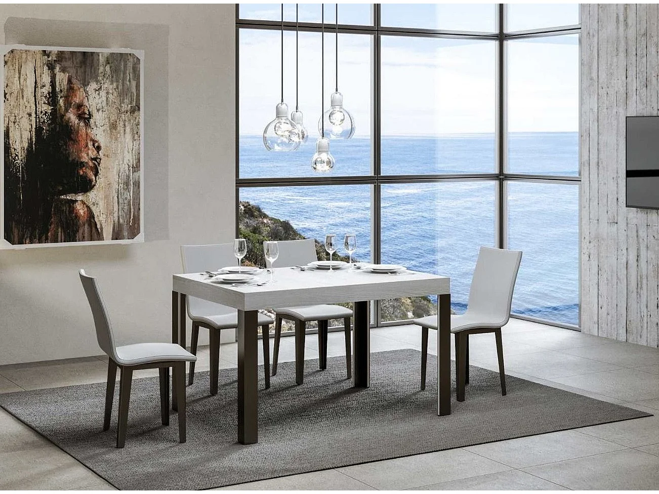 Mesa de comedor Liva 130 cm rectangular de fresno blanco con patas de metal gris oscuro