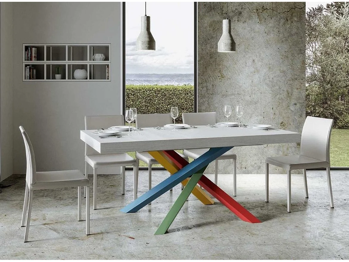 Table design blanc mat et pieds entrelacés multicouleurs 160cm Artemis