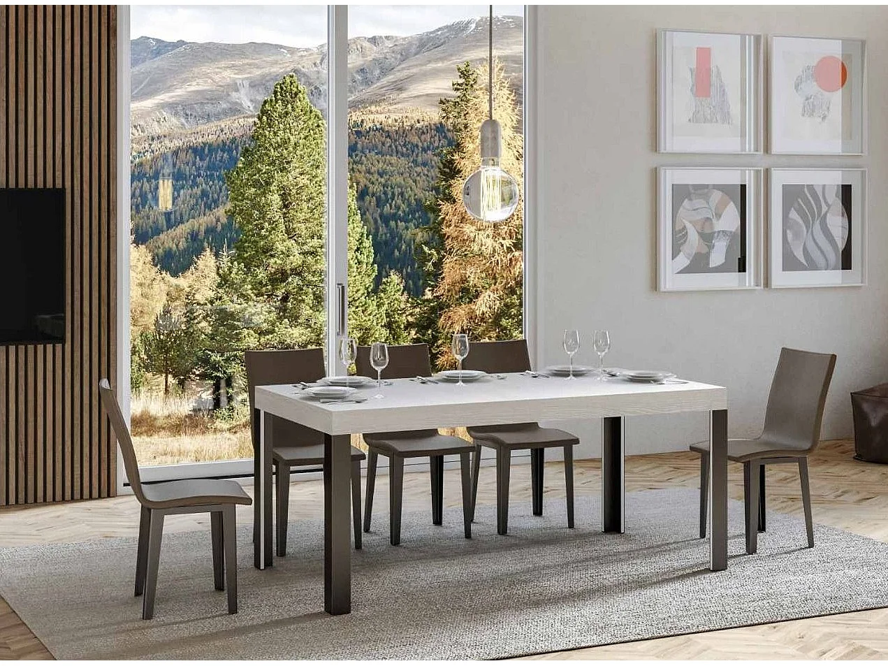 Mesa de comedor Liva 180 cm rectangular de fresno blanco con patas de metal gris oscuro