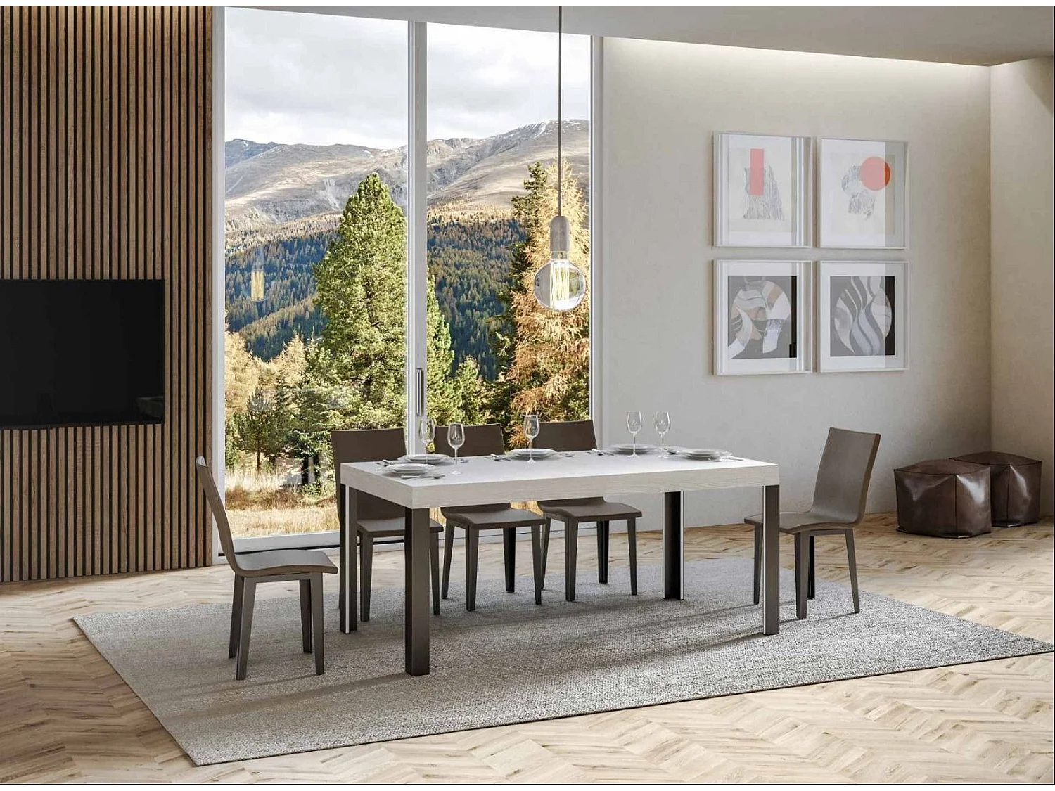 Mesa de comedor Liva 180 cm rectangular de fresno blanco con patas de metal gris oscuro