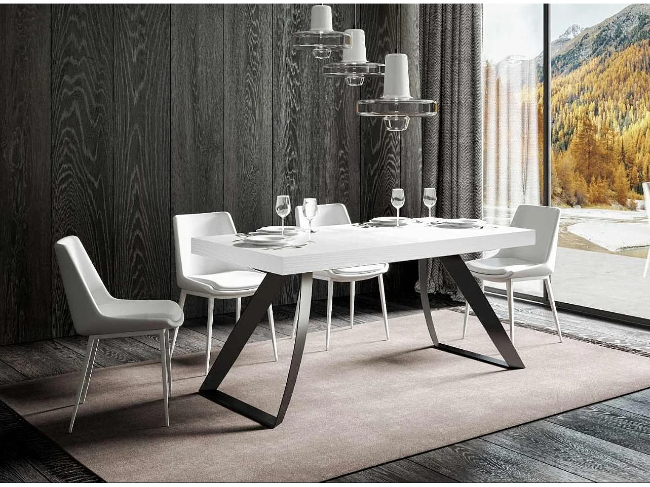 Design tafel 160 cm witte essen en Volta antraciet gebogen metalen poten