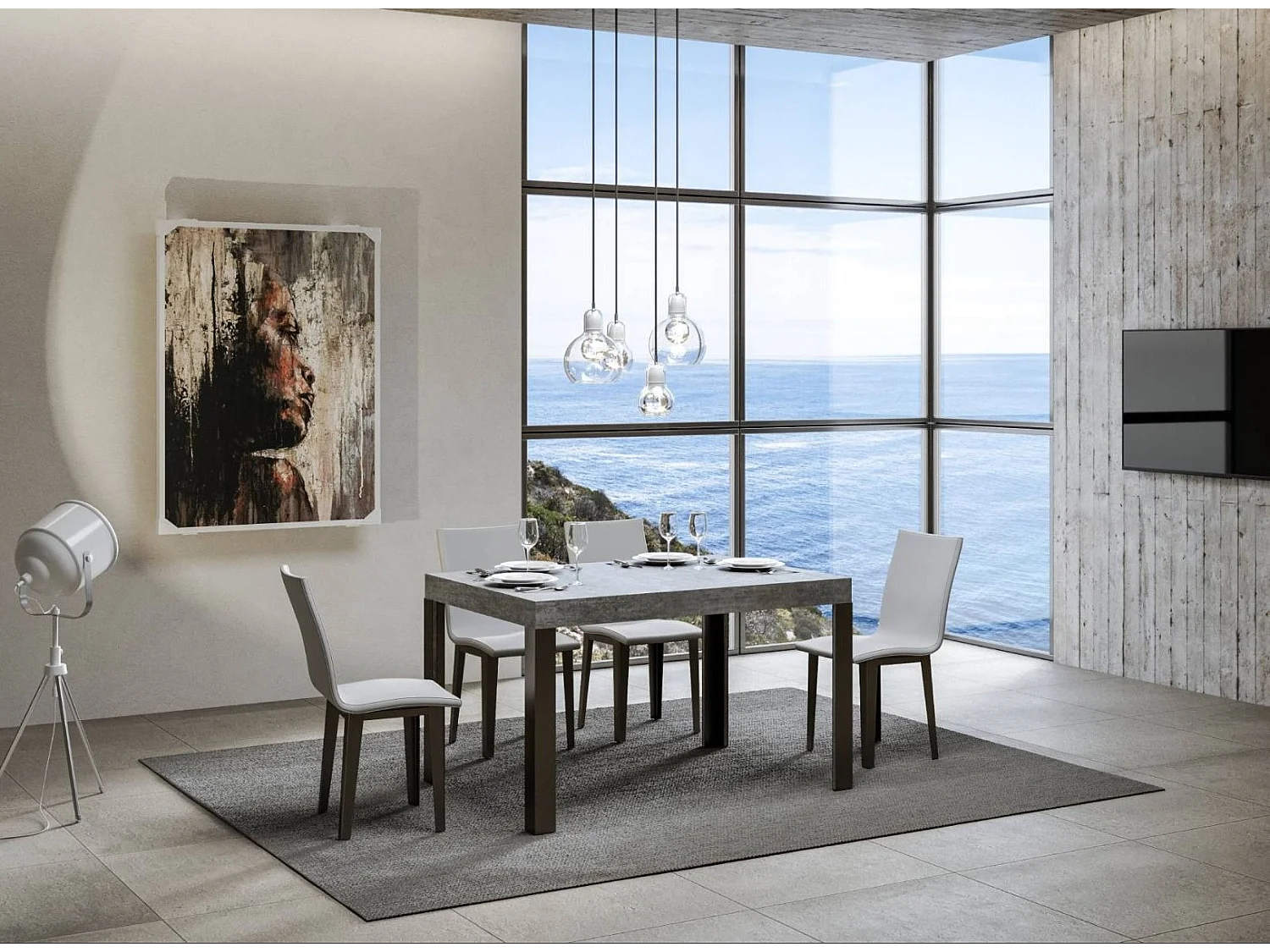 Mesa de comedor rectangular Liva 130 cm gris hormigón con patas de metal gris oscuro