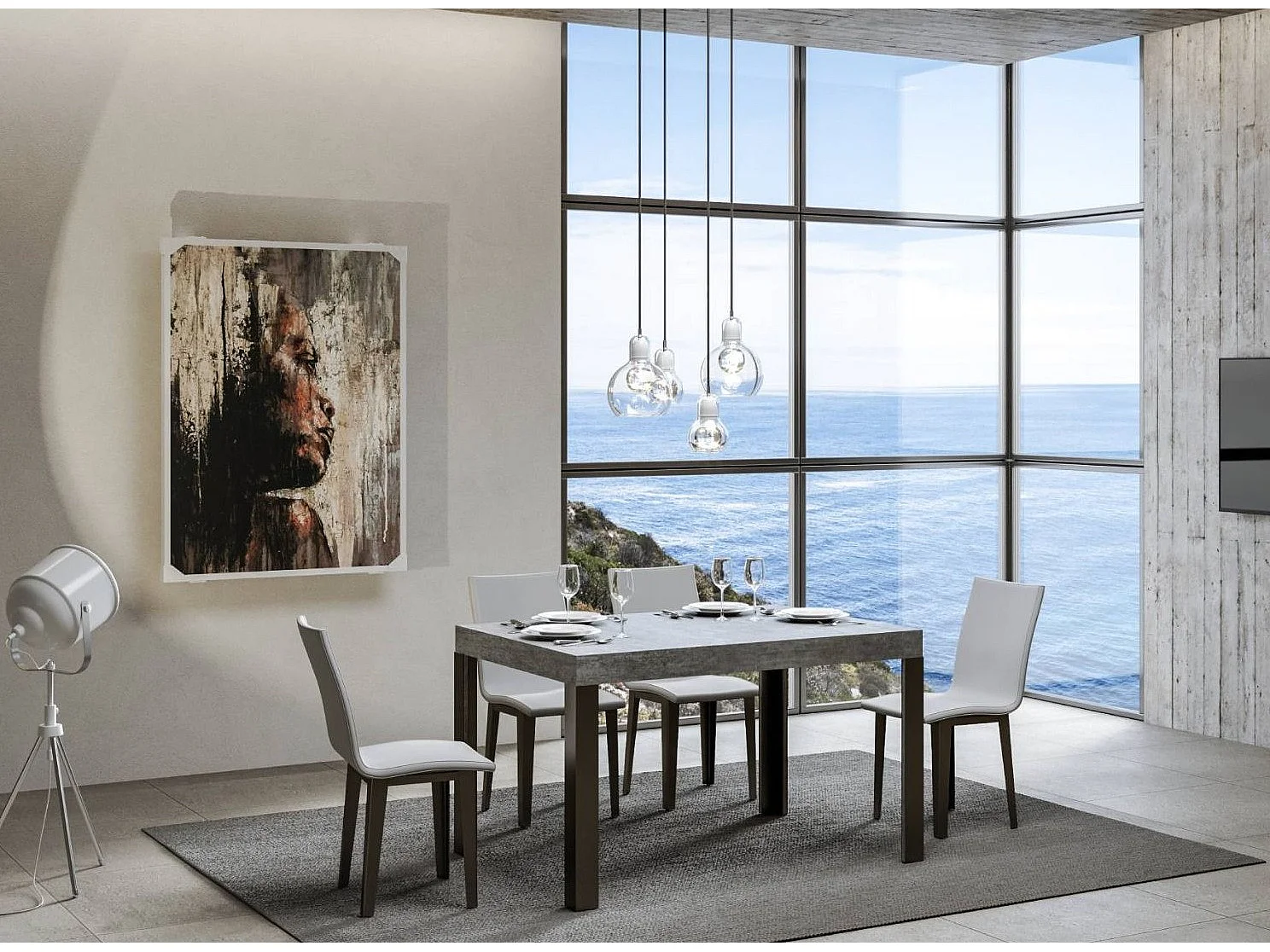 Mesa de comedor rectangular Liva 130 cm gris hormigón con patas de metal gris oscuro