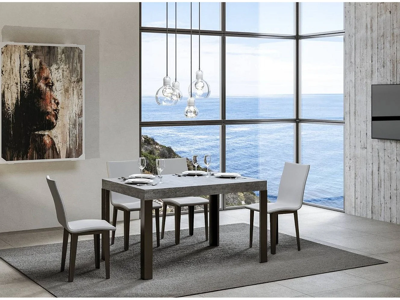 Table à manger rectangulaire gris béton et pieds métal gris foncé Liva 130cm