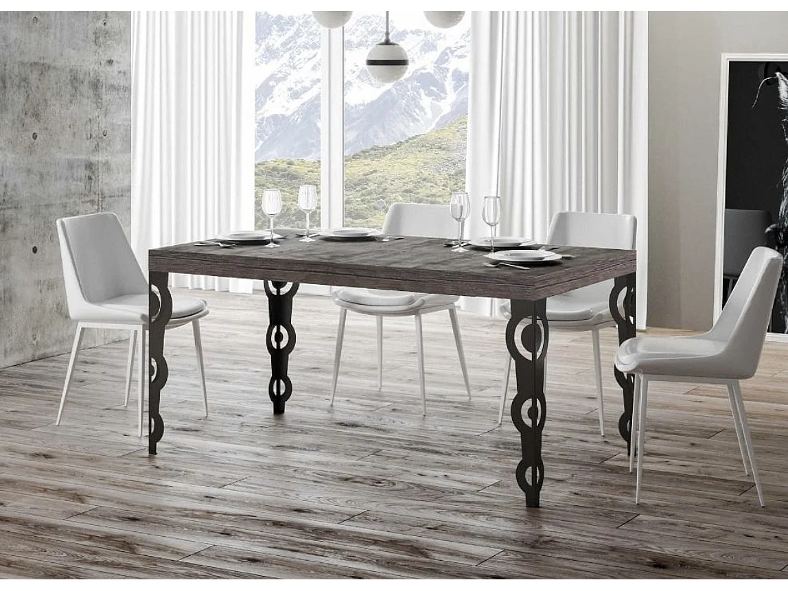 Table rectangulaire orientale 8 places L 180cm bois foncé et pieds métal anthracite Kazay