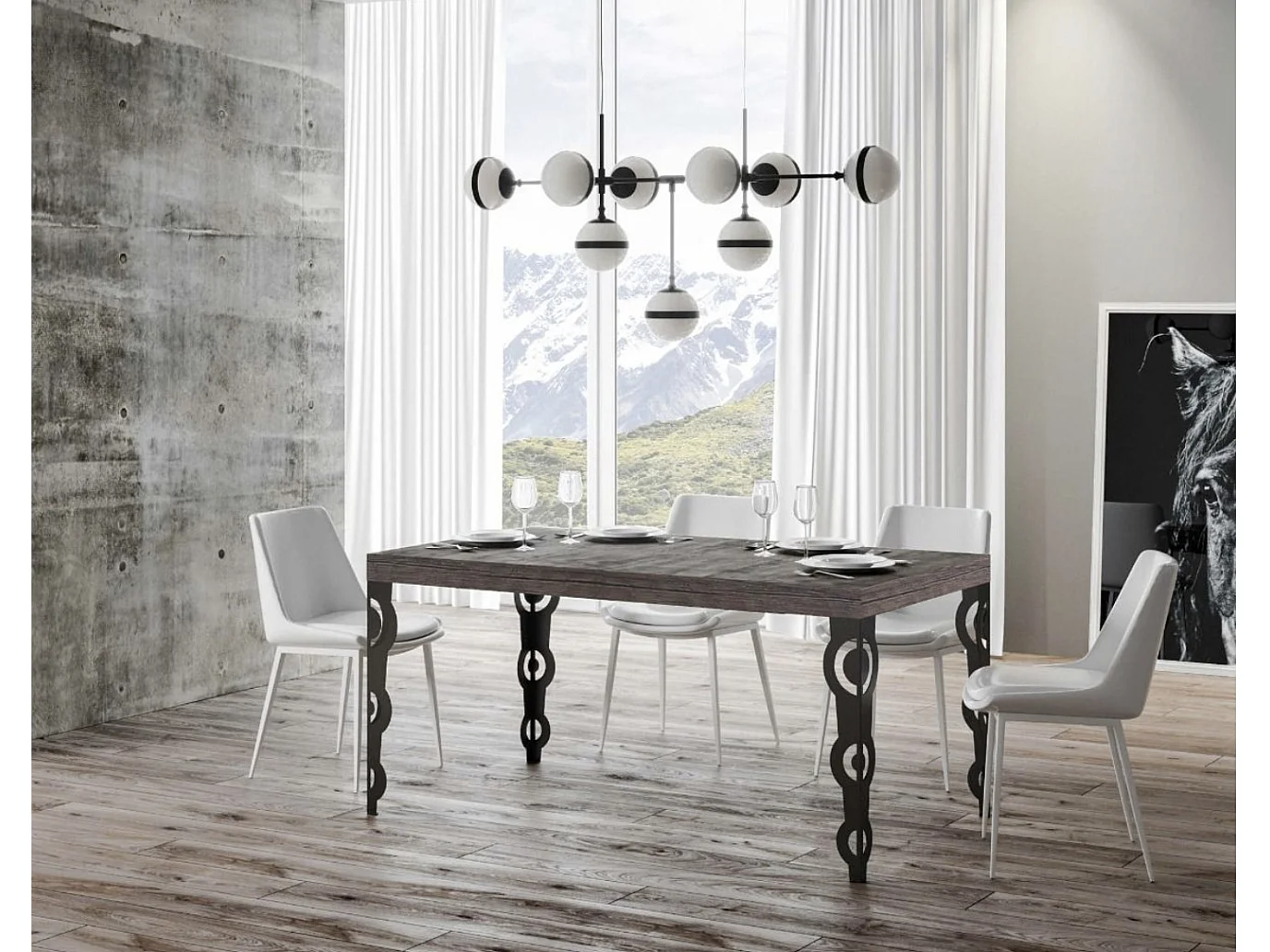 Table rectangulaire orientale 8 places L 180cm bois foncé et pieds métal anthracite Kazay