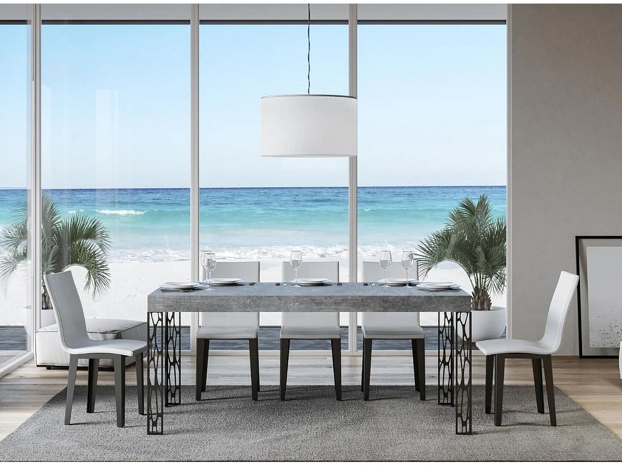 Table à manger rectangulaire 180cm gris béton et pieds métal gris foncé Gisa