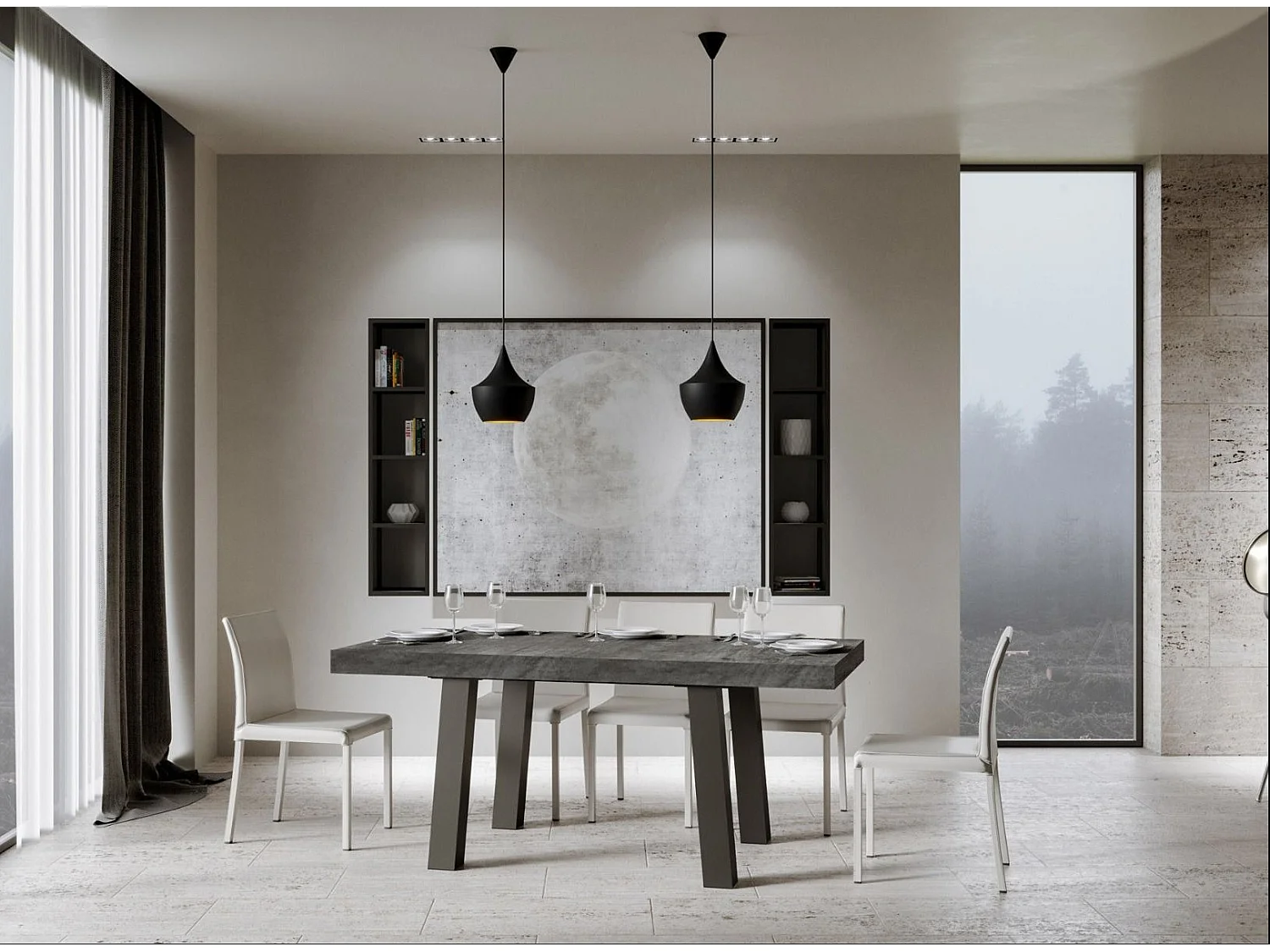 Table à manger rectangulaire gris béton et pieds métal anthracite Bidy 180cm