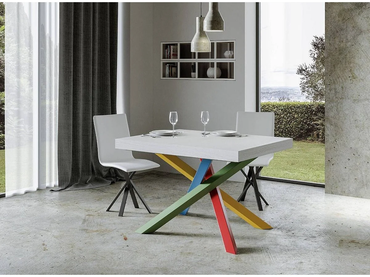 Table design blanc mat et pieds entrelacés multicouleurs 130cm Artemis