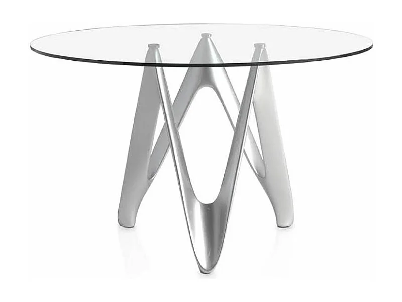 Table ronde design fibre de verre laqué argent Perla-Dimensions D 110 x H 76 cm