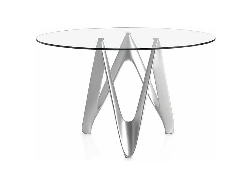 Table ronde design fibre de verre laqué argent Perla-Dimensions D 110 x H 76 cm
