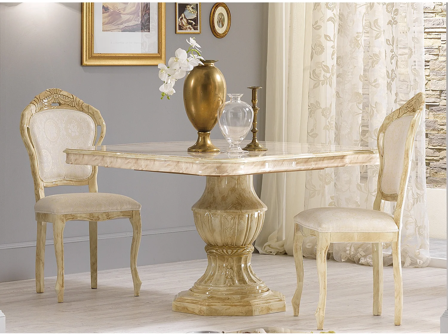 Table à manger carrée extensible bois vernis laqué brillant beige et onyx effet marbré Lesly 120 à 165cm