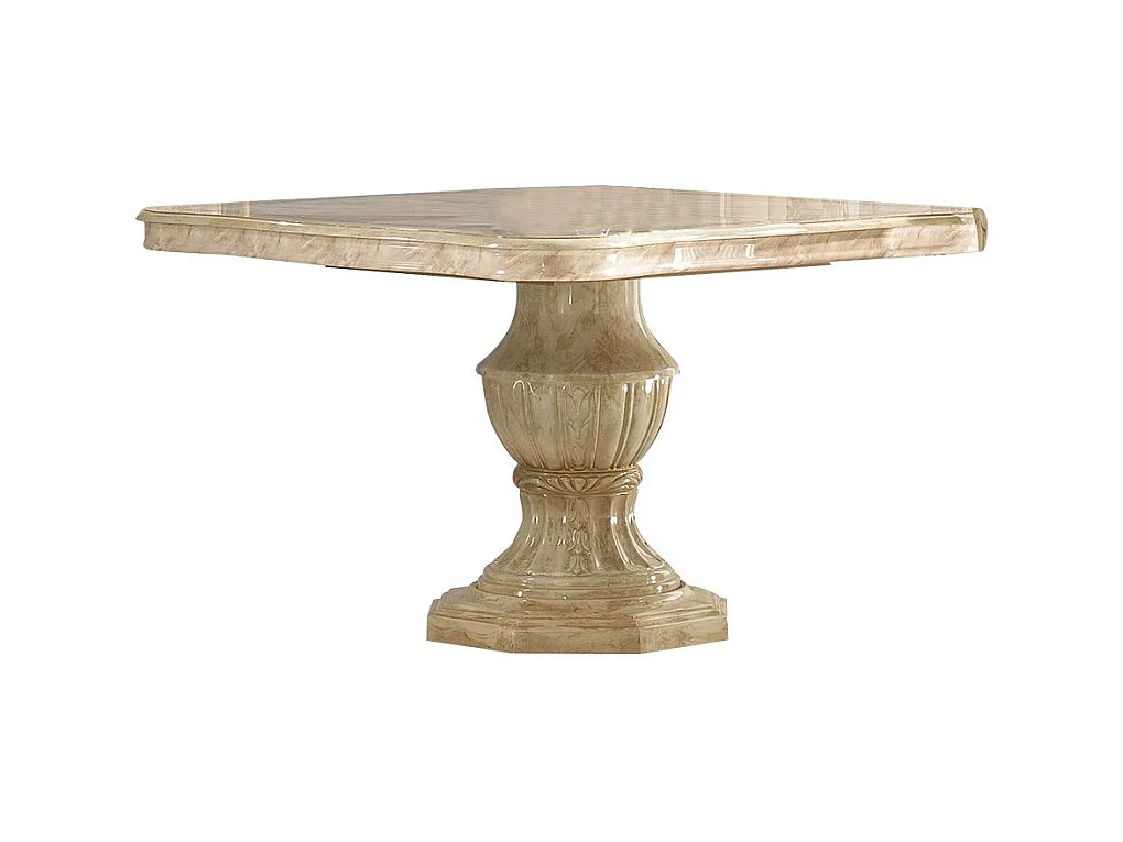 Table à manger carrée extensible bois vernis laqué brillant beige et onyx effet marbré Lesly 120 à 165cm