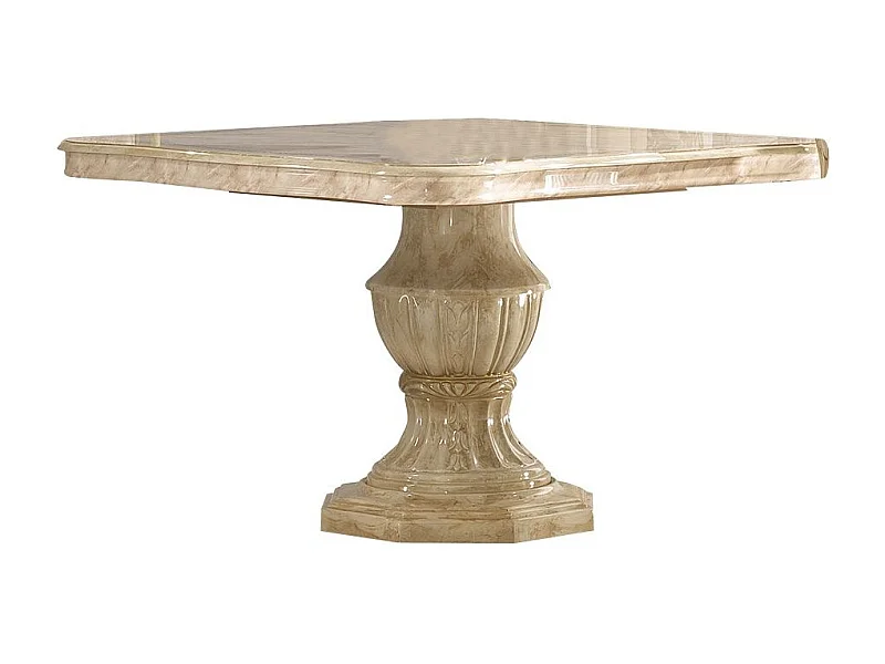 Vierkante uitschuifbare eettafel in beige glanzend gelakt gelakt hout en marmereffect onyx Lesly 120 tot 165 cm