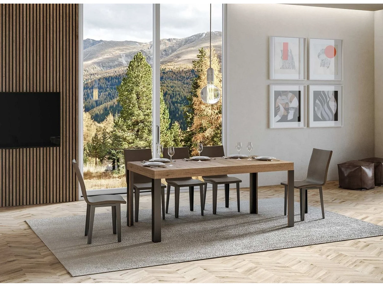 Table à manger rectangulaire bois clair et pieds métal gris foncé Liva 180cm