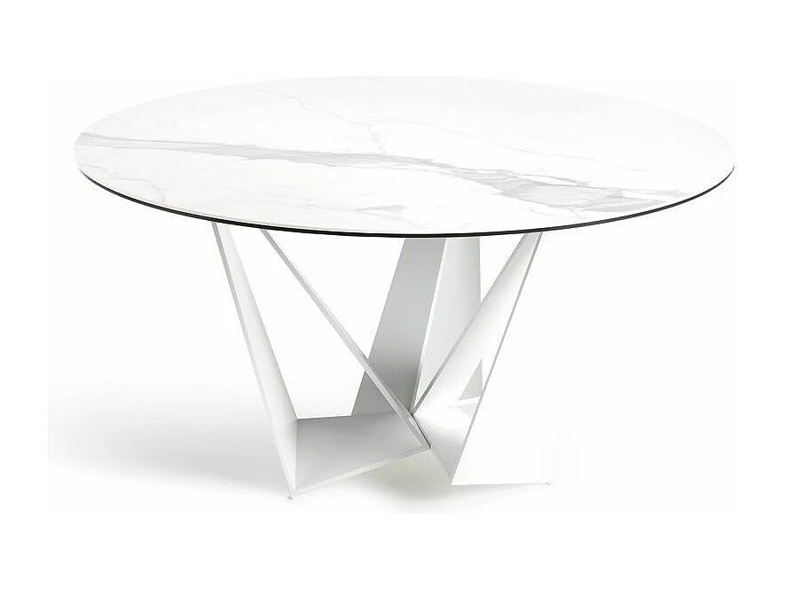 Table ronde design acier blanc et porcelaine blanc effet marbre Gala 140cm