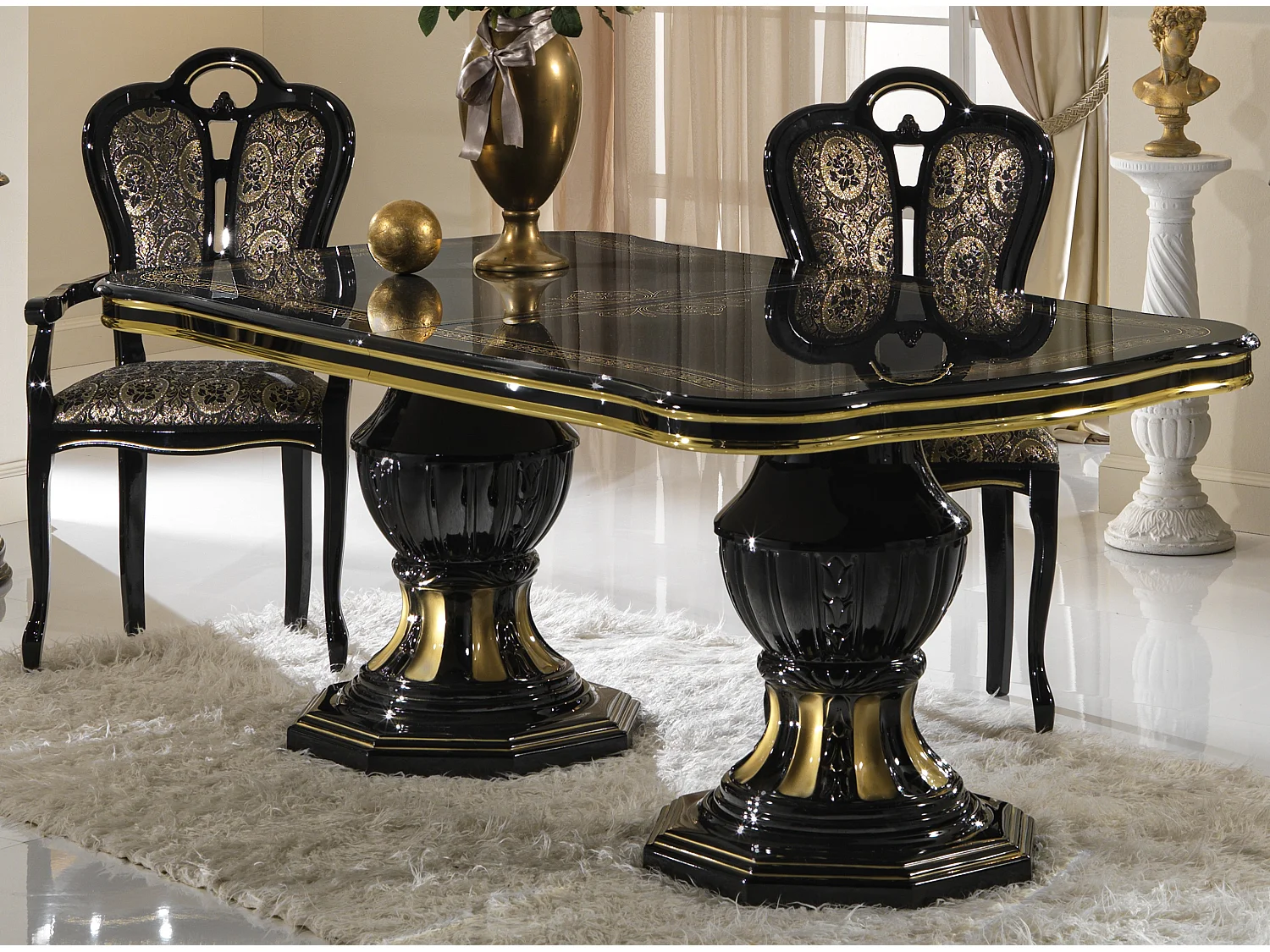 Table à manger rectangulaire extensible bois vernis laqué brillant noir et doré Lesly 185 à 230cm