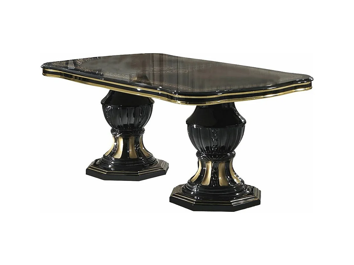 Table à manger rectangulaire extensible bois vernis laqué brillant noir et doré Lesly 185 à 230cm